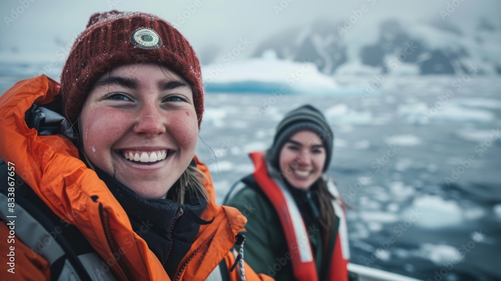 Two women in winter gear smiling on a boat surrounded by icy waters with a backdrop of snow-covered mountains. Two women in winter gear smiling on a boat surrounded by icy waters with a backdrop of snow-covered mountains.