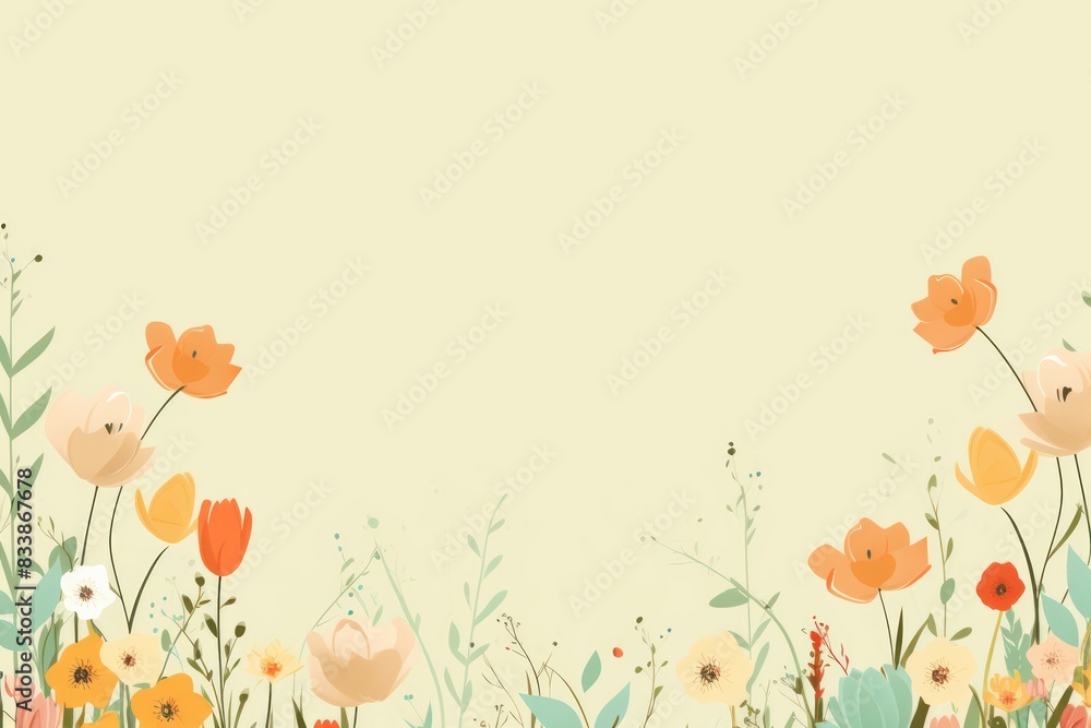 Cute cartoon flower border on a light  background, vector, clean flower summer spring greetings card wedding birthday template mockup banner design digital