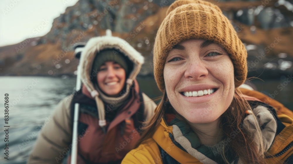 Two women smiling at the camera while wearing winter clothing and hats enjoying a boat ride on a calm body of water with a scenic mountain backdrop. Two women smiling at the camera while wearing winter clothing and hats enjoying a boat ride on a calm body of water with a scenic mountain backdrop.
