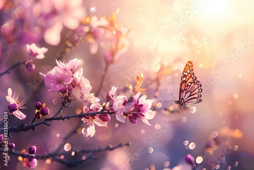 Spring background with pink blossom and fly butterfly. Beautiful nature scene with blooming tree and sun flare --ar 3:2 Job ID: 02374ed8-b9b0-469f-a03a-c9ab85e37710