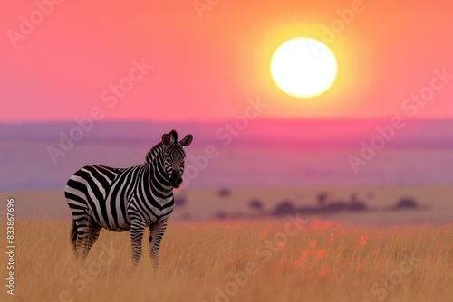 Single zebra stands against a vivid sunset backdrop in a tranquil grassland scene