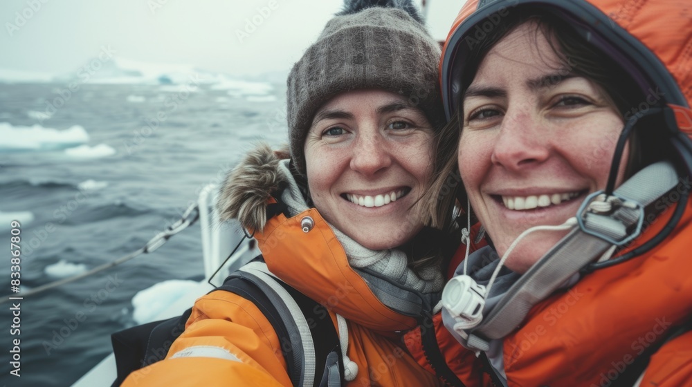 Two women in winter gear smiling taking a selfie with a backdrop of icy waters and distant icebergs. Two women in winter gear smiling taking a selfie with a backdrop of icy waters and distant icebergs.