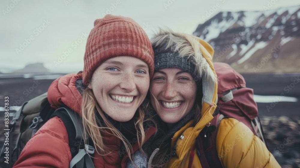 Two women smiling posing for a selfie in a snowy mountainous landscape wearing winter gear and carrying backpacks. Two women smiling posing for a selfie in a snowy mountainous landscape wearing winter gear and carrying backpacks.