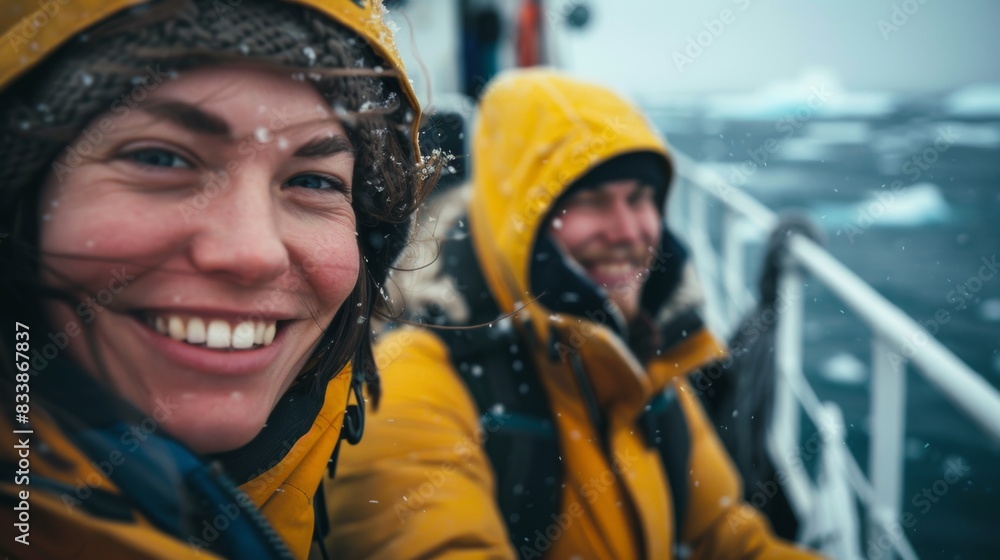 Two people smiling in the snow wearing yellow jackets with a snowy landscape in the background. Two people smiling in the snow wearing yellow jackets with a snowy landscape in the background.