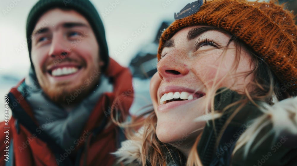 Two people smiling and looking up possibly at the sky or a point of interest in a snowy outdoor setting wearing winter clothing and hats. Two people smiling and looking up possibly at the sky or a point of interest in a snowy outdoor setting wearing winter clothing and hats.