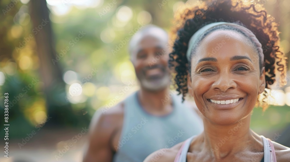 Smiling woman with curly hair wearing a headband and a pink tank top standing in a park with a blurred man in a blue shirt behind her. Smiling woman with curly hair wearing a headband and a pink tank top standing in a park with a blurred man in a blue shirt behind her.