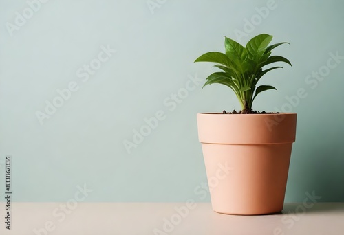  A potted plant with large green leaves on a light blue background © sanart design