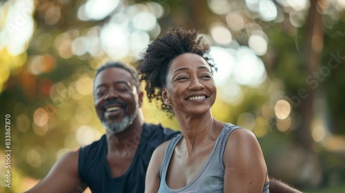 A joyful couple sharing a moment in a park with blurred trees and sunlight in the background.