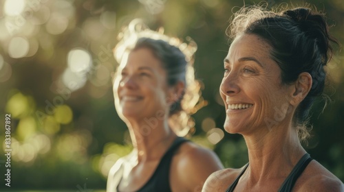 Two smiling women enjoying a sunny day outdoors with one woman looking to the side and the other looking directly at the camera both wearing black tops and surrounded by a blurred background