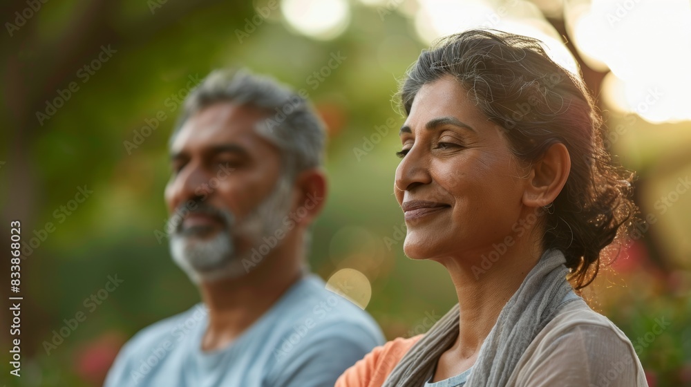 A man and woman sitting side by side smiling and looking off to the side enjoying a moment of tranquility in a park with soft warm lighting. A man and woman sitting side by side smiling and looking off to the side enjoying a moment of tranquility in a park with soft warm lighting.