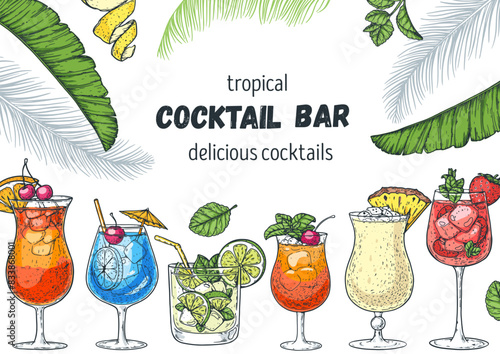 Alcoholic cocktails frame. Hand drawn vector illustration. Tropical Cocktails sketch set. Engraved style.