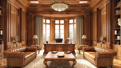  A luxurious executive office with rich light color wooden furniture and leather sofas, light color walls