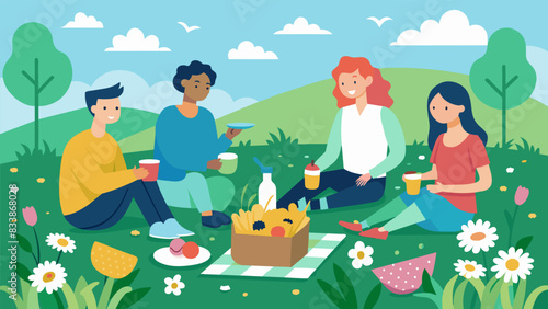 Friends sharing a picnic lunch on a grassy meadow surrounded by wildflowers basking in the peacefulness of the natural surroundings.. Vector illustration