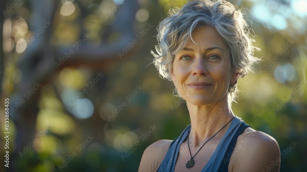 A woman with gray hair smiling wearing a necklace standing in a forest with sunlight filtering through the trees. A woman with gray hair smiling wearing a necklace standing in a forest with sunlight filtering through the trees.