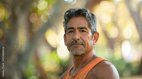 A man with graying hair and a beard wearing an orange tank top standing in a park with blurred trees and sunlight in the background.