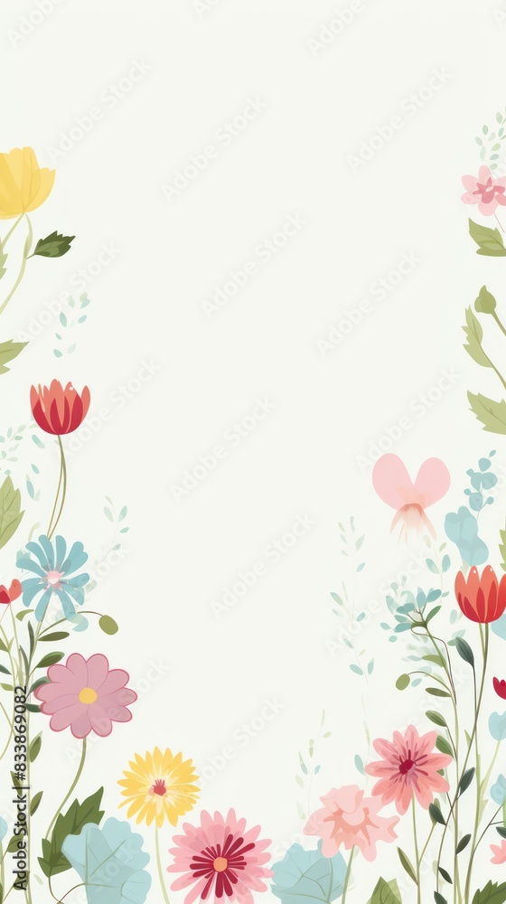 Cute cartoon flower border on a light  background, vector, clean flower summer spring greetings card wedding birthday template mockup banner design digital