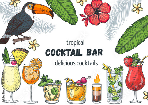 Alcoholic cocktails frame. Hand drawn vector illustration. Tropical Cocktails sketch set. Engraved style.