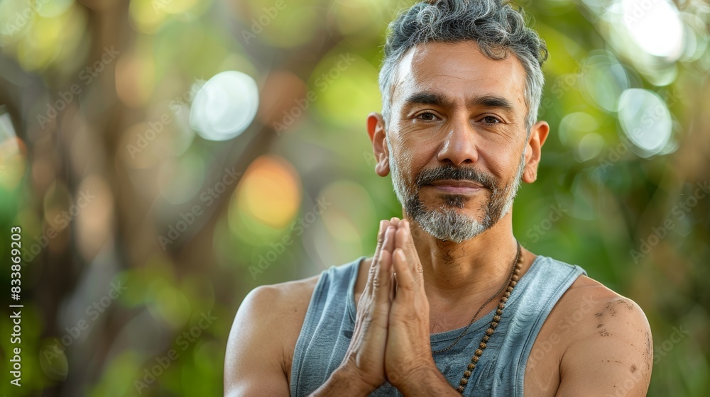 Fototapeta premium Man with gray beard and hair wearing black shirt standing in front of blurred trees hands clasped together in prayer or meditation pose.