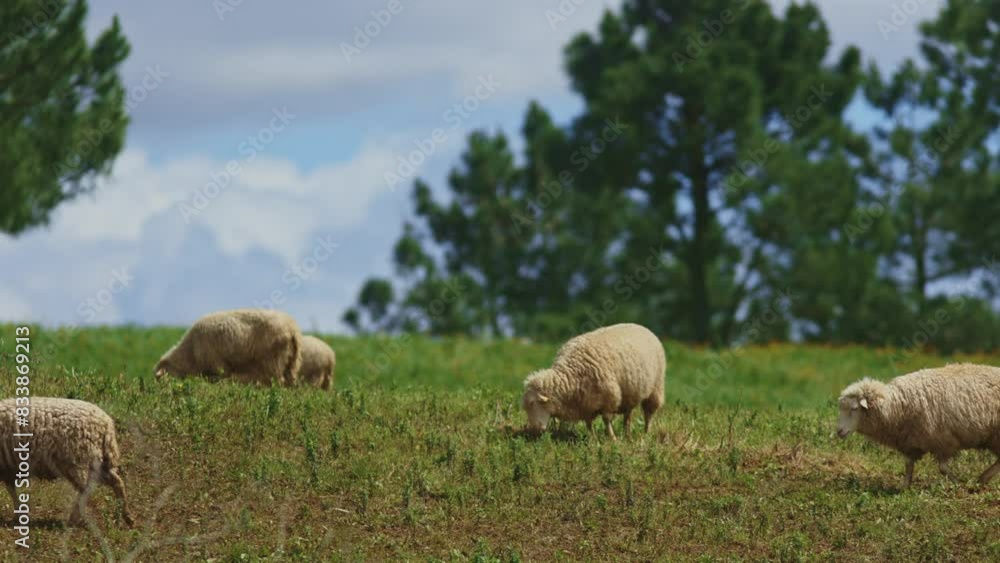 Three sheep are grazing in a grassy field Three sheep are grazing in a grassy field