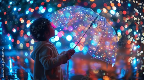 A whimsical clear umbrella adorned with colorful lights, held by a child as they marvel at the illuminated raindrops falling around them in a nighttime scene.