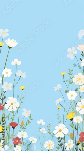 Cute cartoon flower border on a light  background  vector  clean flower summer spring greetings card wedding birthday template mockup banner design digital