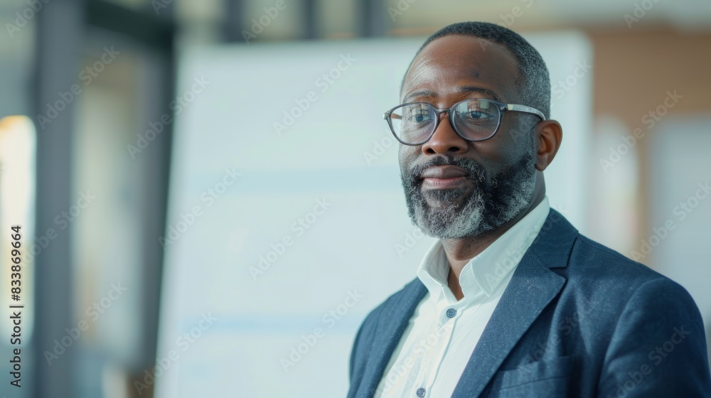 A man with a beard and glasses wearing a suit and standing in an office environment. A man with a beard and glasses wearing a suit and standing in an office environment.