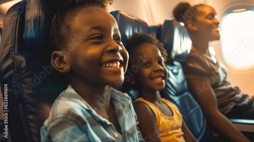 Three children sitting in airplane seats smiling and looking out the window enjoying the flight. photo