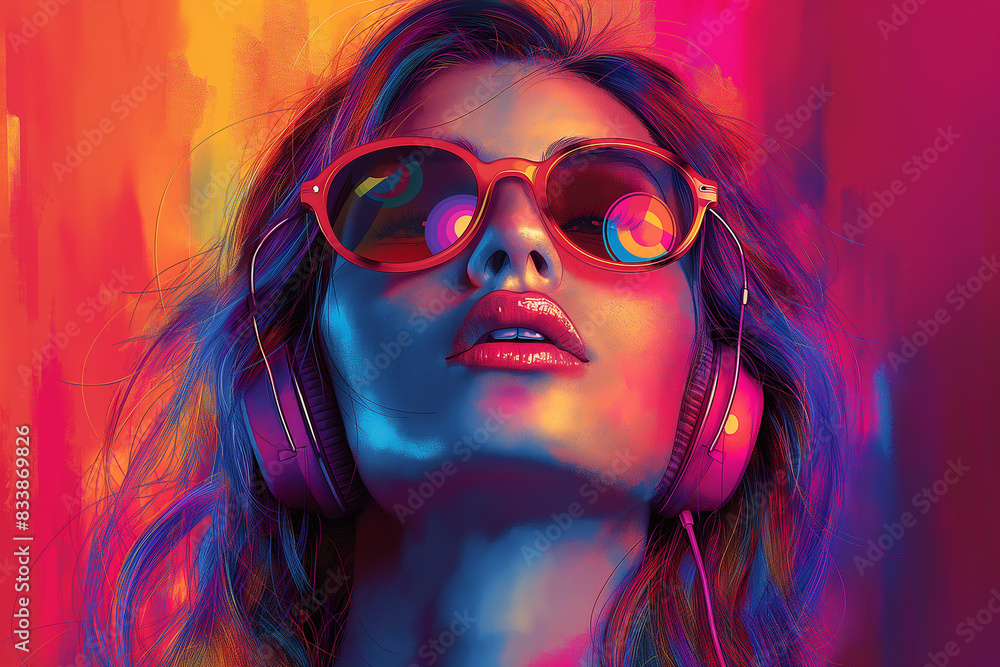 “Neon Pop Art Portrait: Stylish Woman with Sunglasses and Headphones” “Neon Pop Art Portrait: Stylish Woman with Sunglasses and Headphones”
