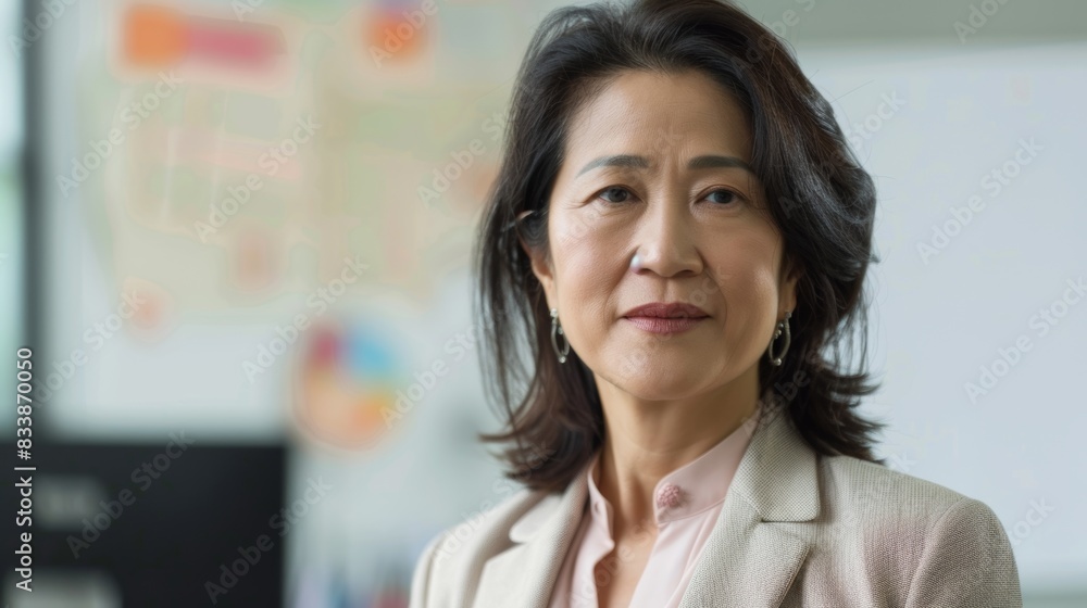 Asian woman with dark hair wearing a light pink blouse and a beige blazer standing in an office environment with a whiteboard in the background. Asian woman with dark hair wearing a light pink blouse and a beige blazer standing in an office environment with a whiteboard in the background.