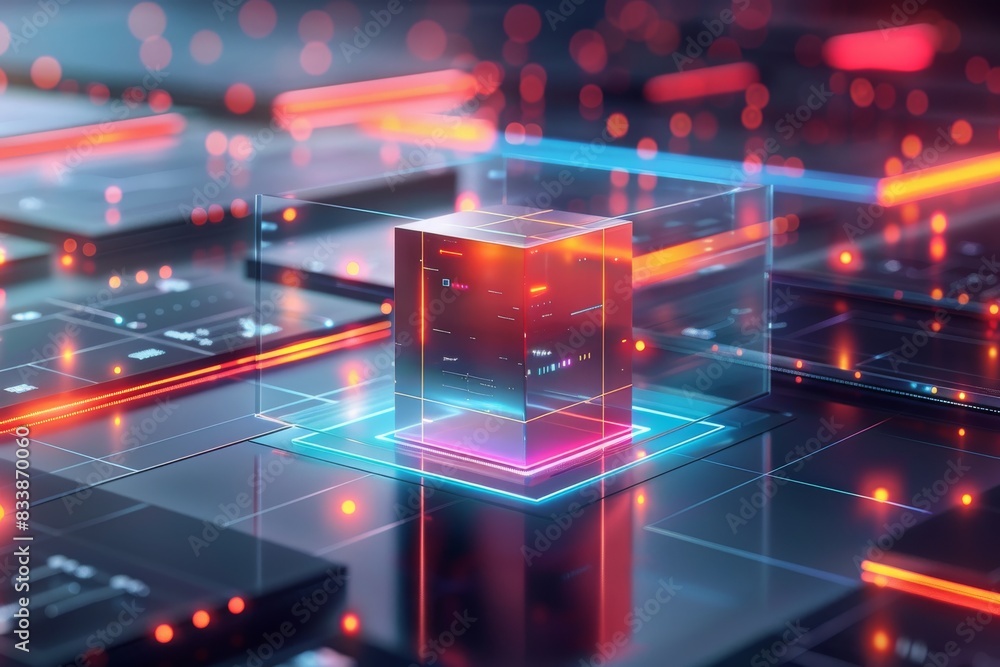 Fototapeta premium Futuristic AI and Quantum Computing Concept with Digital Elements and Neon Lights, High Tech Data Processing