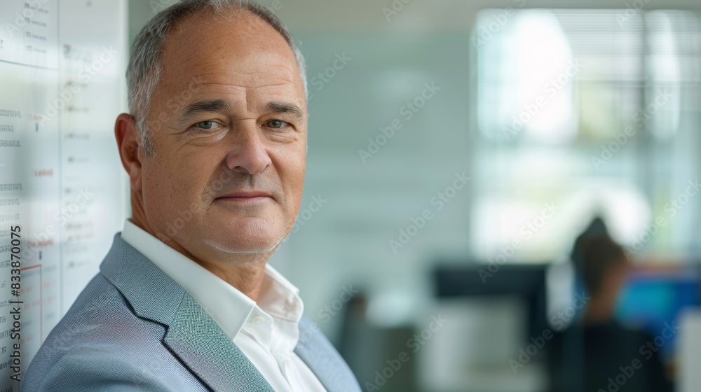 The image depicts a man with a serious expression standing in an office environment with a whiteboard in the background. The image depicts a man with a serious expression standing in an office environment with a whiteboard in the background.