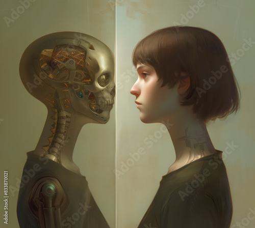 Profile of a human girl facing a cyborg, the concept of human-robot integration and identity