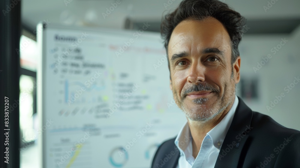 Smiling man in suit standing in front of whiteboard with graphs and notes suggesting a business or presentation setting. Smiling man in suit standing in front of whiteboard with graphs and notes suggesting a business or presentation setting.