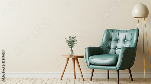 light teal leather chair in front of cream color wall, with a side table and wooden floor lamp, Interior of a modern minimalist living room