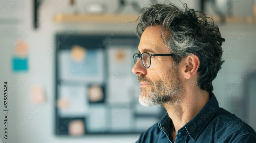 A man with a beard and glasses wearing a dark shirt looking contemplative in an office setting with a bulletin board in the background. A man with a beard and glasses wearing a dark shirt looking contemplative in an office setting with a bulletin board in the background.