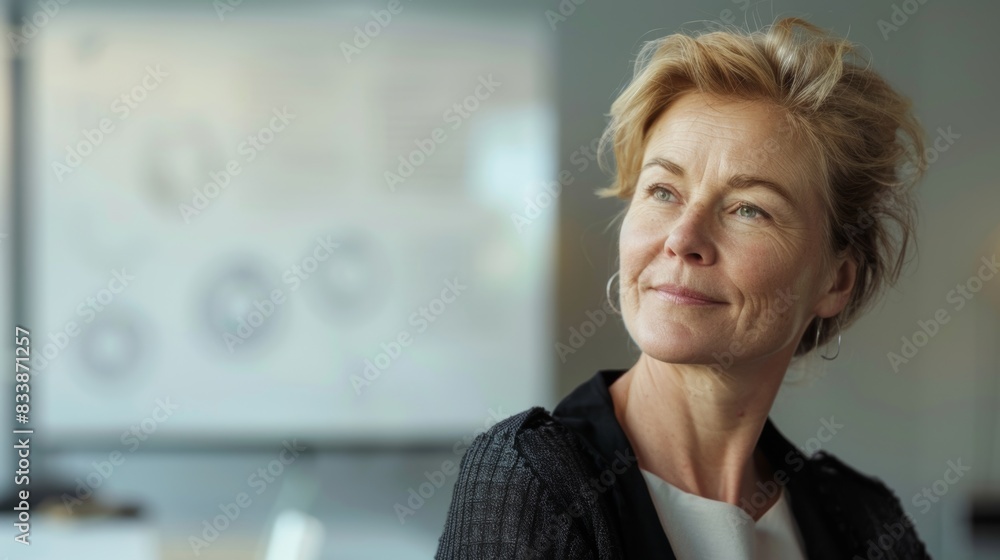 A woman with blonde hair wearing a black jacket looking to her right with a slight smile standing in front of a whiteboard with diagrams and text. A woman with blonde hair wearing a black jacket looking to her right with a slight smile standing in front of a whiteboard with diagrams and text.