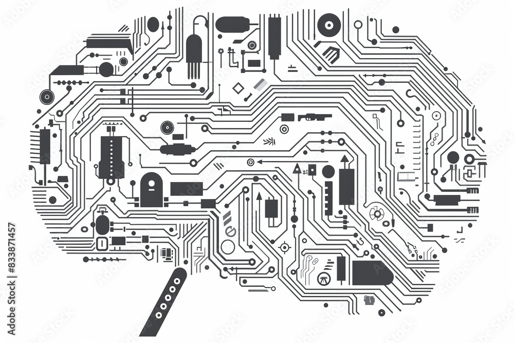 Black and White Circuit Board Brain Illustration, Symbolizing the Intersection of Technology and Cognitive Science Black and White Circuit Board Brain Illustration, Symbolizing the Intersection of Technology and Cognitive Science