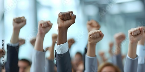Business professionals celebrating success with raised fists in corporate setting. Concept Corporate Success, Team Celebration, Professional Achievement, Business Photoshoot, Raised Fists