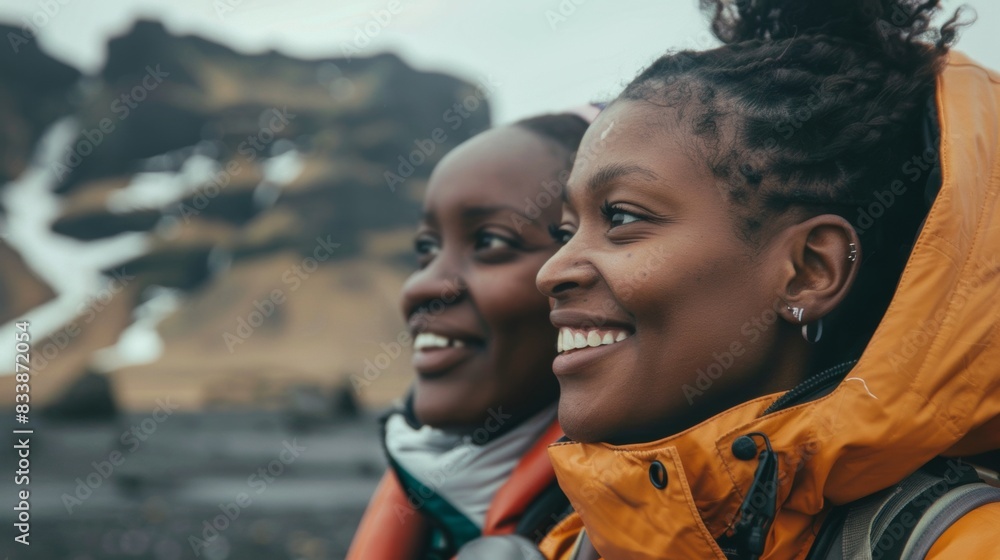 Two women smiling at the camera wearing jackets and earring with a scenic mountainous background. Two women smiling at the camera wearing jackets and earring with a scenic mountainous background.