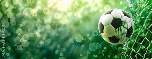 Traditional soccer ball on a field with green grass. World Cup, football match. Professional sports, hobbies, recreation. 3 d illustration for banner, poster, postcard design with copy space