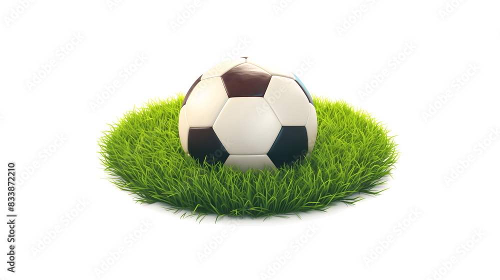 Fototapeta premium Traditional soccer ball on field with green grass. World championship cup, football match. Professional sport, hobby, leisure. 3 d illustration for design banner, poster, card with copy space