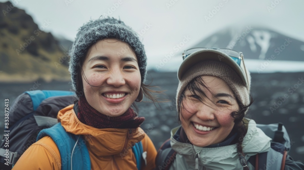 Two smiling women bundled up in winter gear posing for a photo in a snowy mountainous landscape with backpacks. Two smiling women bundled up in winter gear posing for a photo in a snowy mountainous landscape with backpacks.