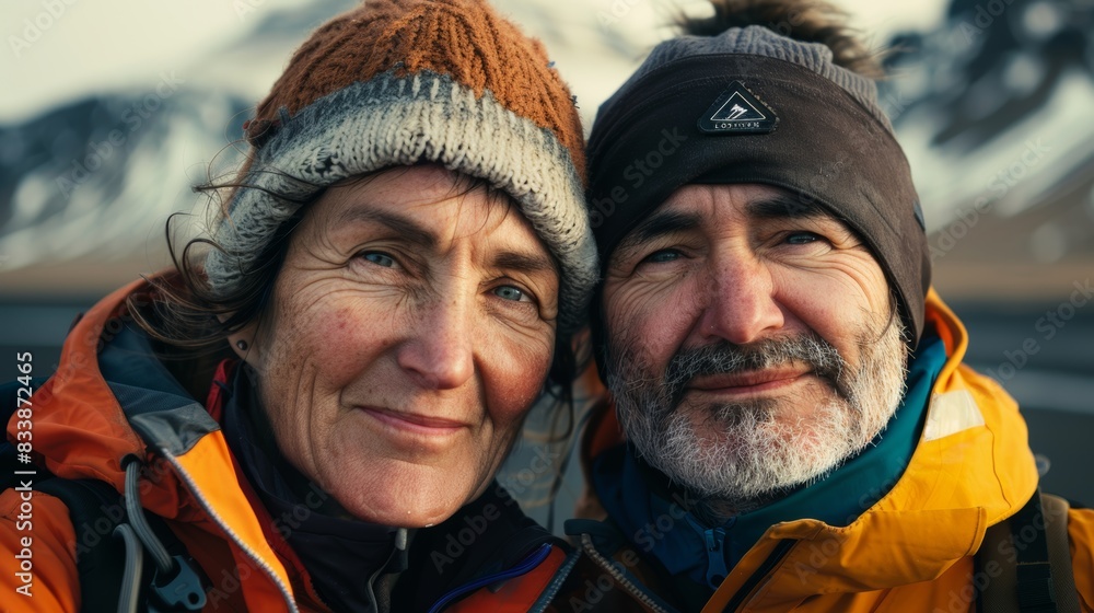 Two smiling elderly hikers in winter gear posing together with snow-capped mountains in the background. Two smiling elderly hikers in winter gear posing together with snow-capped mountains in the background.