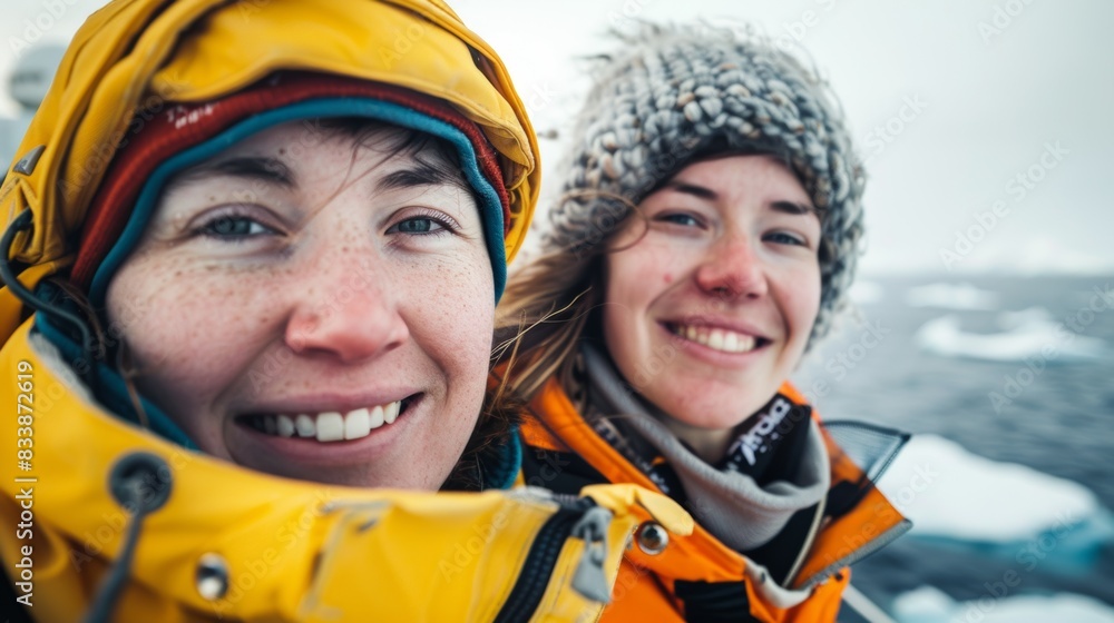 Two women smiling at the camera wearing winter gear with colorful hats standing in front of a frozen landscape with icebergs and a cloudy sky. Two women smiling at the camera wearing winter gear with colorful hats standing in front of a frozen landscape with icebergs and a cloudy sky.
