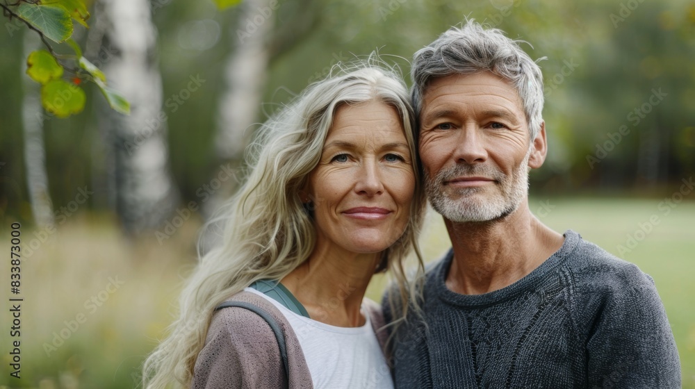 An elderly couple with gray hair smiling and embracing each other in a serene park setting with trees and grass in the background. An elderly couple with gray hair smiling and embracing each other in a serene park setting with trees and grass in the background.