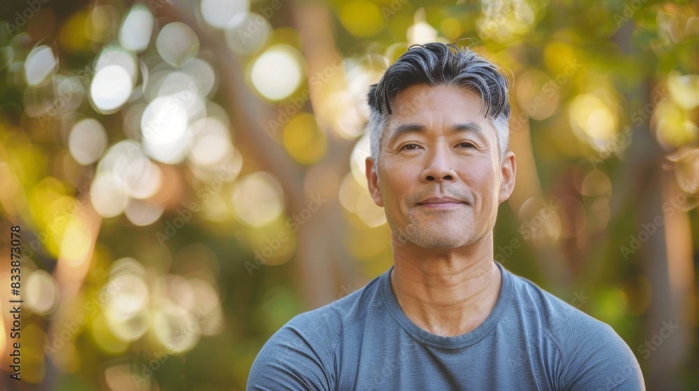 A man with a gentle smile and graying hair wearing a casual blue t-shirt standing amidst a softly blurred background of trees and sunlight. A man with a gentle smile and graying hair wearing a casual blue t-shirt standing amidst a softly blurred background of trees and sunlight.