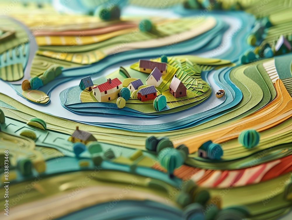 Fototapeta premium a paper cut out illustration of a valley with a river running through it