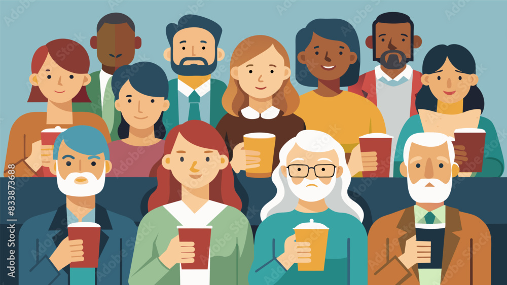 The pews are filled with participants of all ages each one holding a cherished mug or thermos filled with their preferred coffee all gathered for a. Vector illustration The pews are filled with participants of all ages each one holding a cherished mug or thermos filled with their preferred coffee all gathered for a. Vector illustration