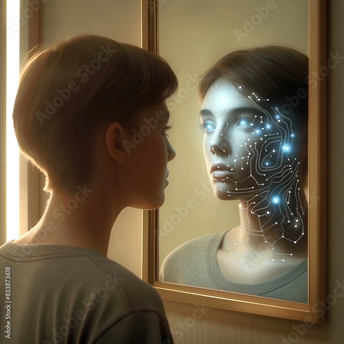 Teenage girl looking at her cyborg reflection in a mirror, exploring the blend of humanity and advanced technology