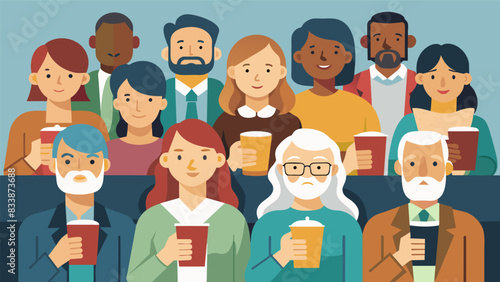 The pews are filled with participants of all ages each one holding a cherished mug or thermos filled with their preferred coffee all gathered for a. Vector illustration